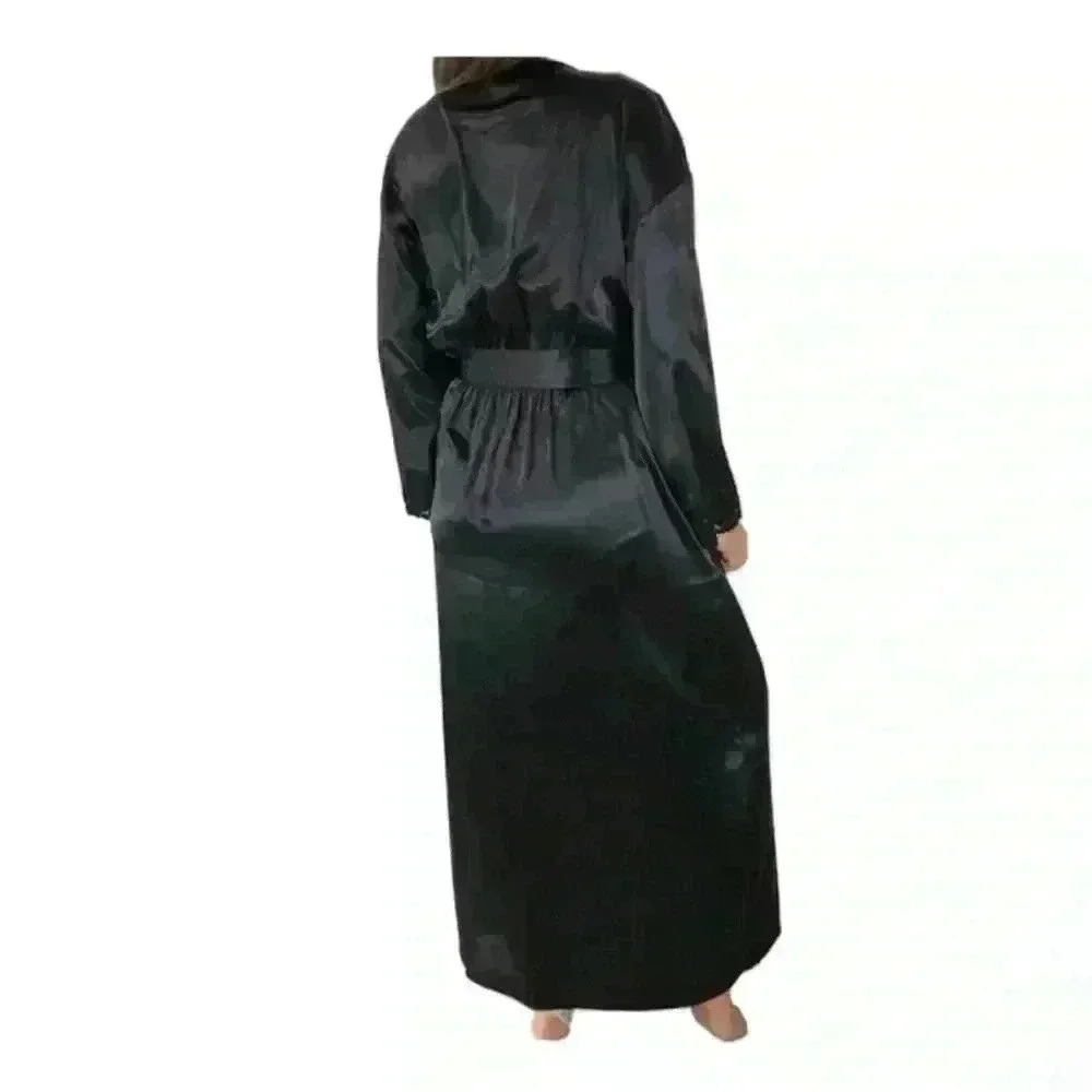 EUC Victorias Secret Long Line Satin Robe Kimono Long Sleeve Black Sexy Size S